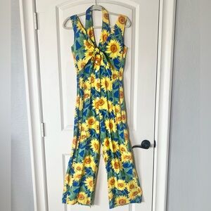 Vintage 90s Resource Sunflower Jumpsuit - Wide Leg Halter Palazzo Romper -Size 6